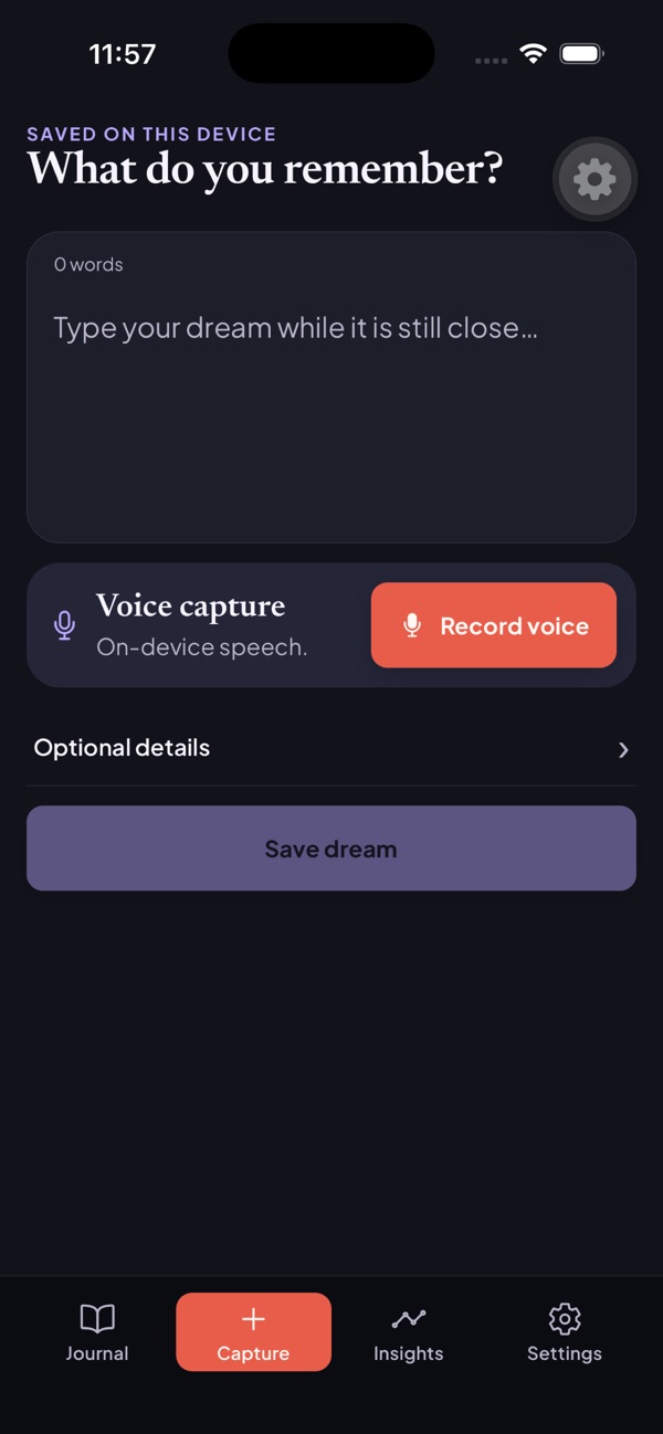 DreamReflect iOS dream capture form with text entry and voice recording