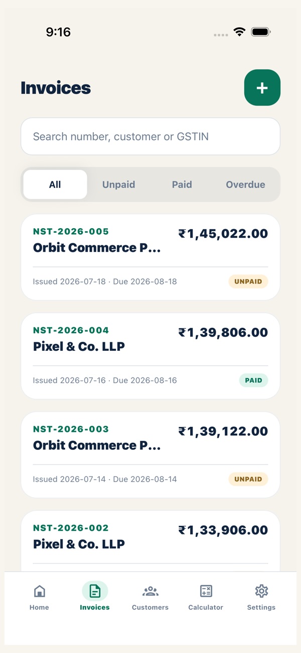 GST Invoice iOS invoice list with paid unpaid and overdue filters