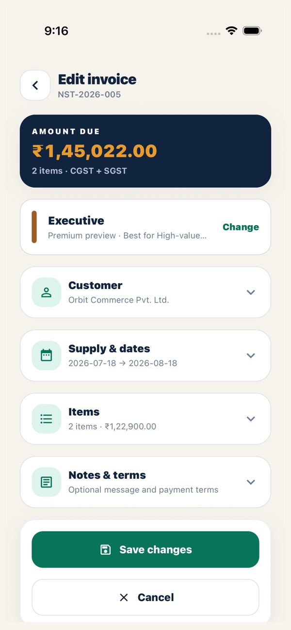 GST Invoice iOS editor with customer supply items and notes sections