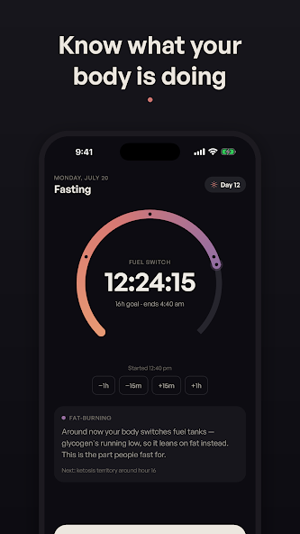 Halfday Android listing showing fasting stages on a dark timer screen