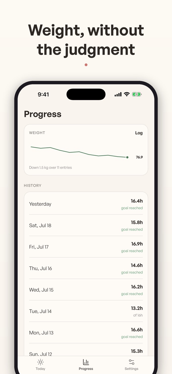 Halfday iOS weight tracking screen with trend graph and recorded entries