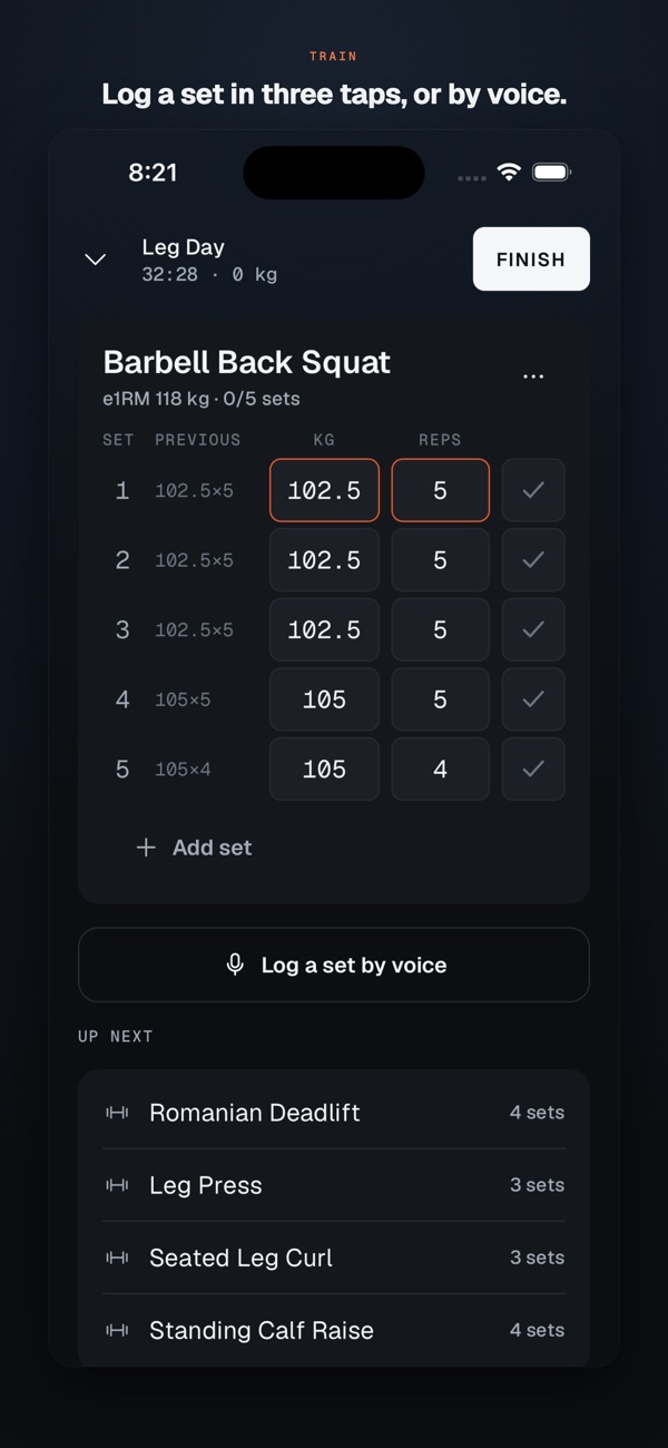 IronFuel iOS active workout screen with exercise and set logging