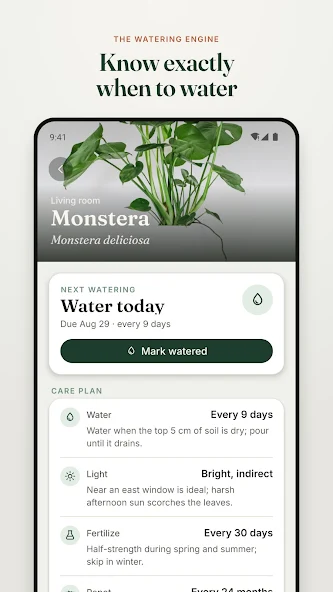 LeafLens watering screen showing a plant and its care schedule