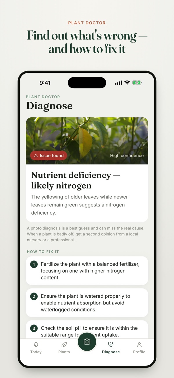 LeafLens iOS diagnosis screen with a suggested nutrient deficiency